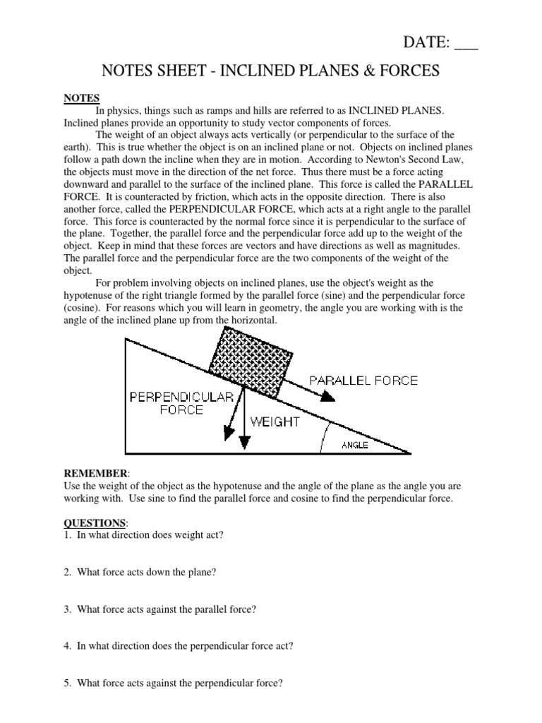 Inclined Plane And Force Notes Force Trigonometric Functions