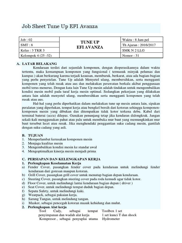Job Sheet Tune Up Efi Avanza