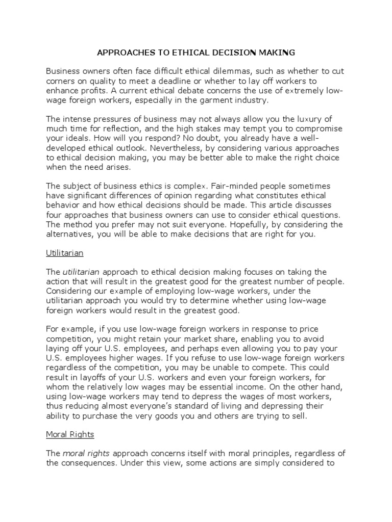Approaches To Ethical Decision Making | PDF | Utilitarianism | Morality
