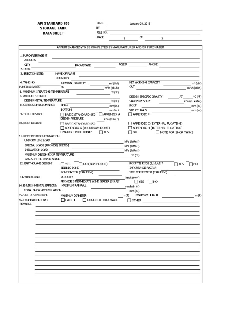 API Standard Storage Tank Data Sheet Rev 0 | Download Free PDF ...