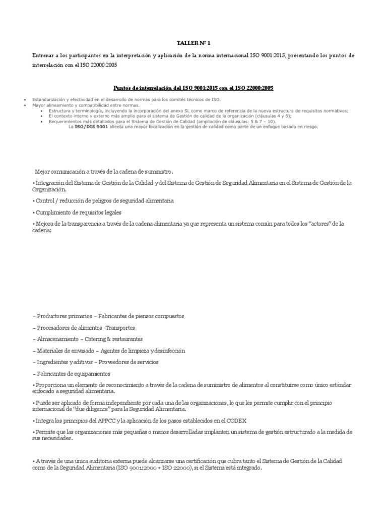 Taller 1 ISO 22000 | PDF | Gestión de la calidad | Sistema de manejo de ...
