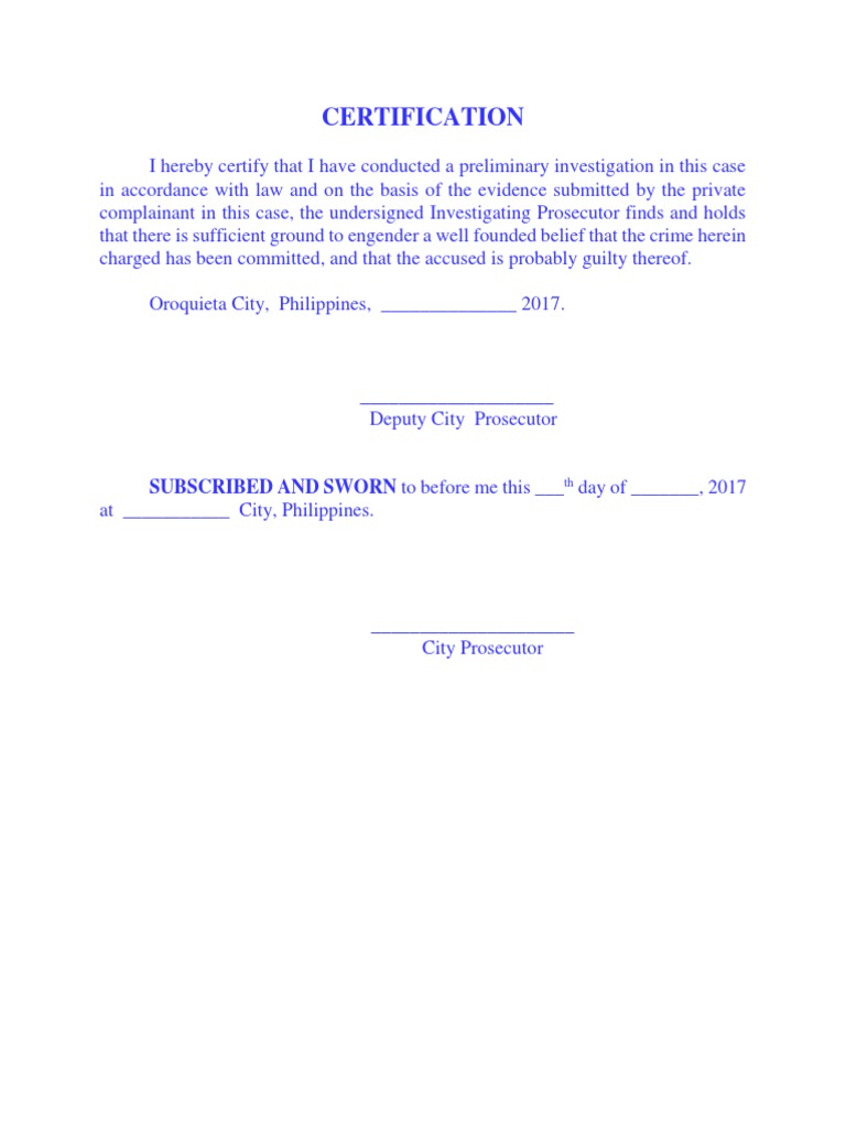 Preliminary Investigation Certification | PDF