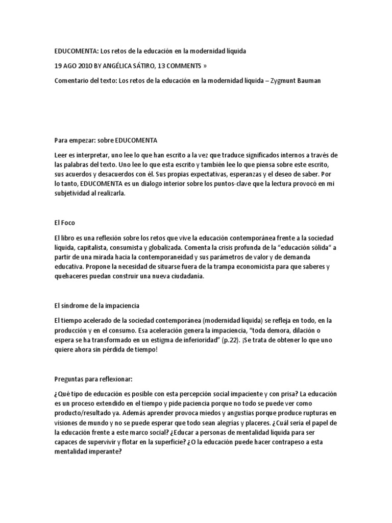 Retos de la educación en la modernidad líquida | PDF | Memoria ...