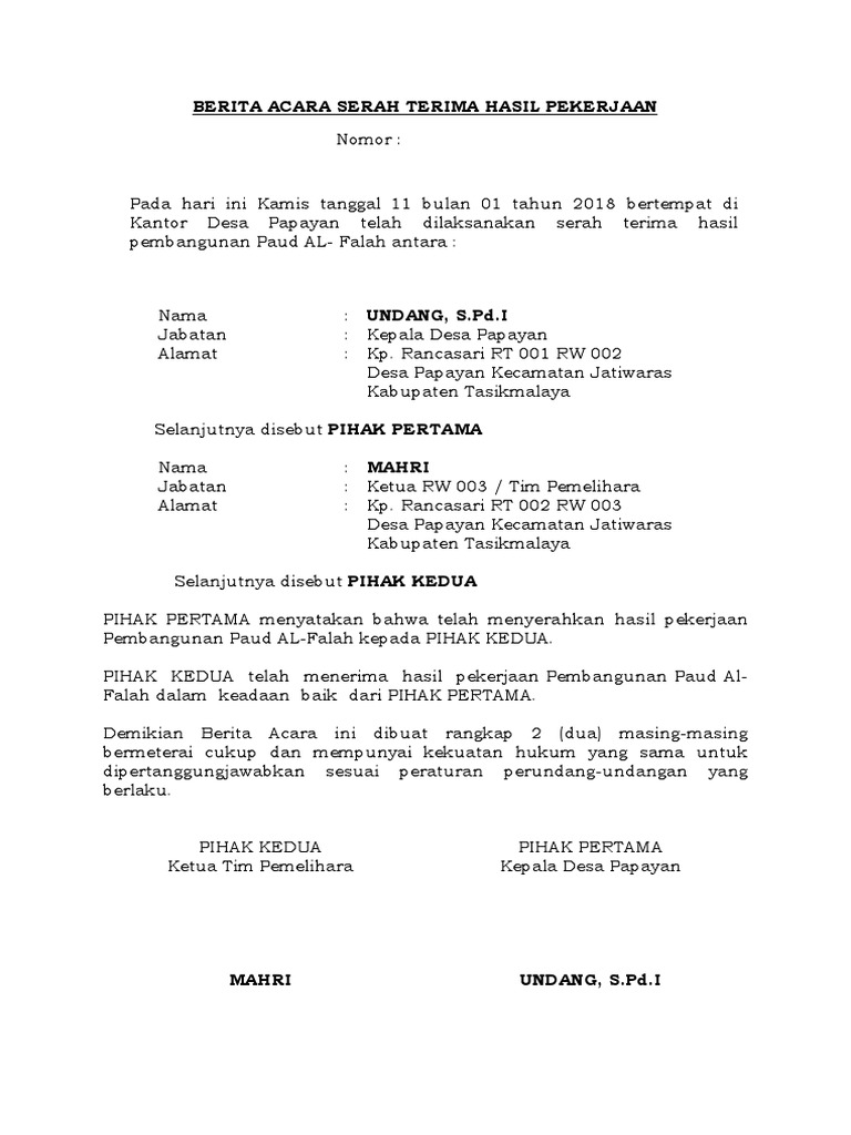 Berita Acara Serah Terima Hasil Pekerjaan Pemelihara
