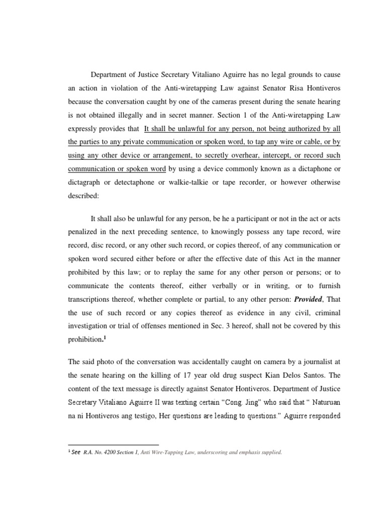 R.A. No. 4200 Section 1,: Anti Wire-Tapping Law, Underscoring and ...