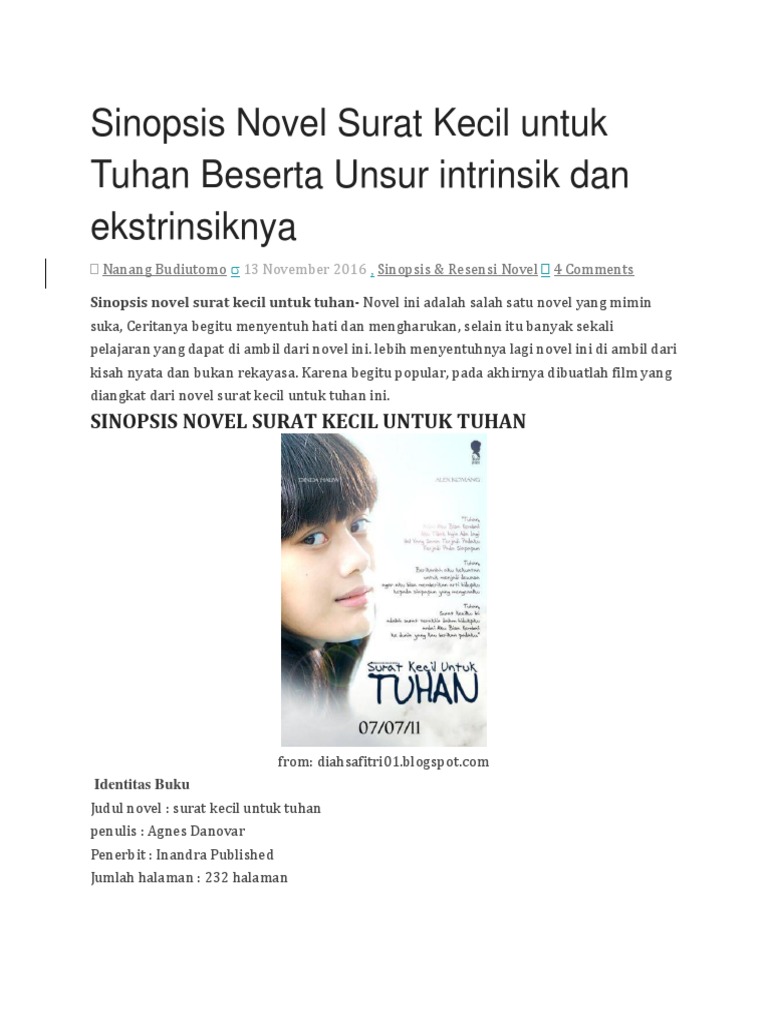 Sinopsis Novel Surat Kecil Untuk Tuhan Beserta Unsur Intrinsik Dan Ekstrinsiknya