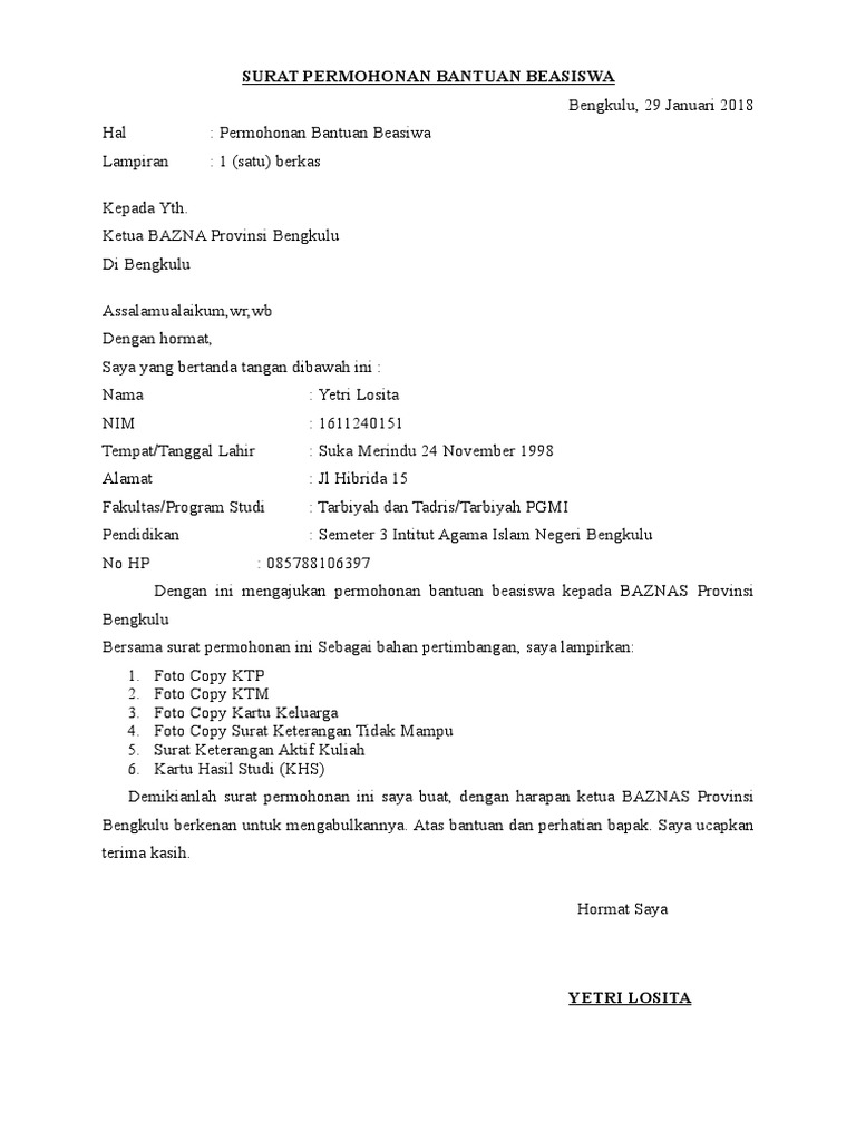 Surat Permohonan Bantuan Beasiswa