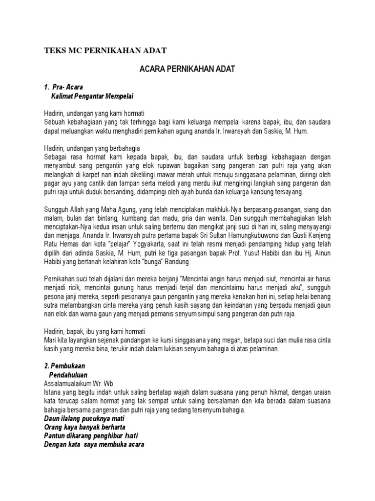 Teks Mc Pernikahan Adat