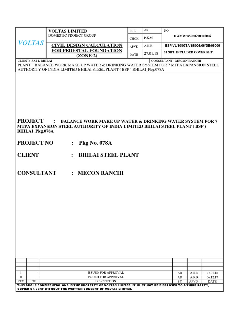 Voltas Civil Design Calculation For Pedestal Foundation (ZONE2) PDF Shear Stress Bending
