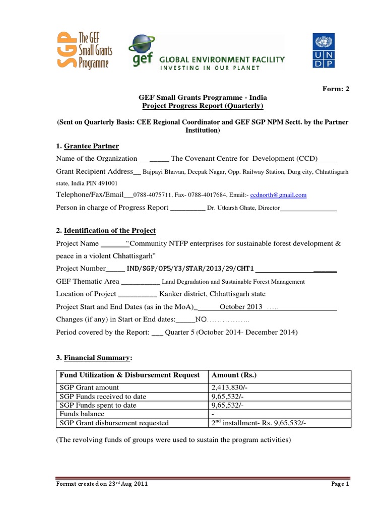 Form: 2 GEF Small Grants Programme - India Project Progress Report ...