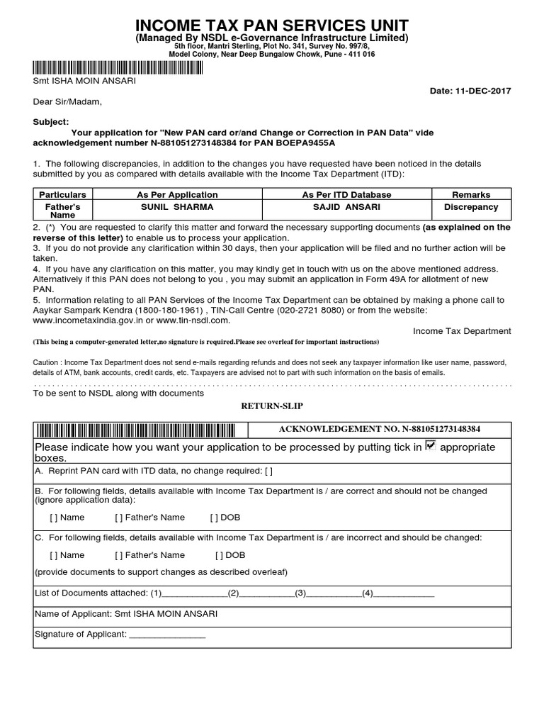 Income tax pan services unit managed by nsdl e governance