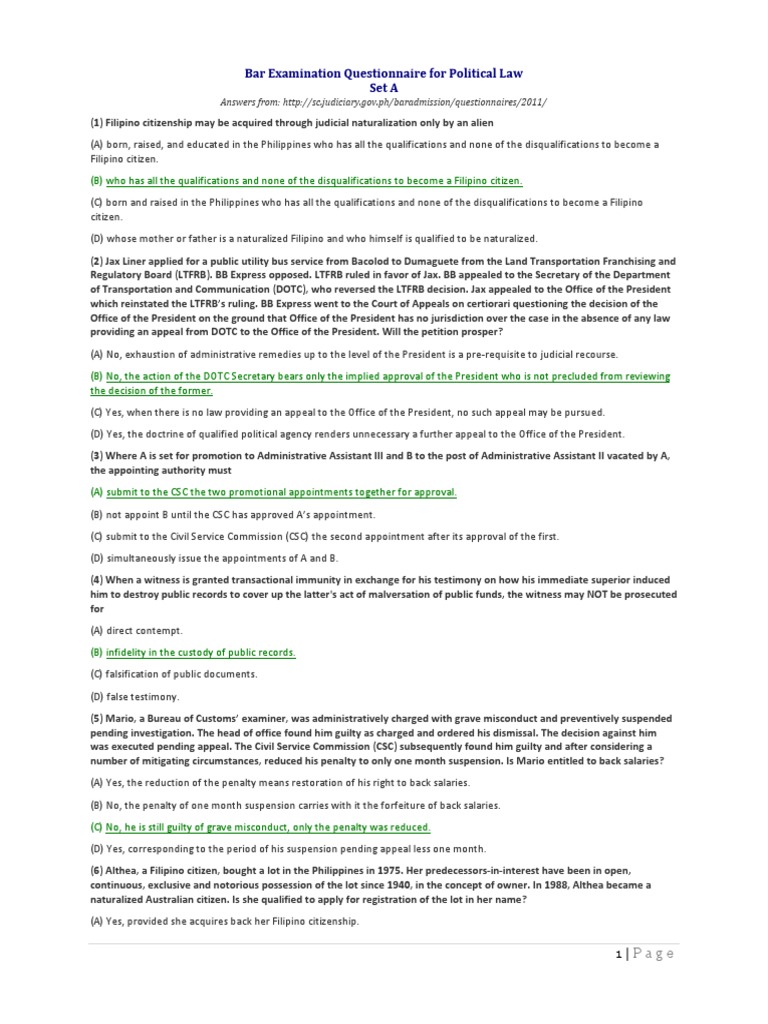 Political Law Bar Exam Questions Answers 2011 MCQ Bar Questionnaire