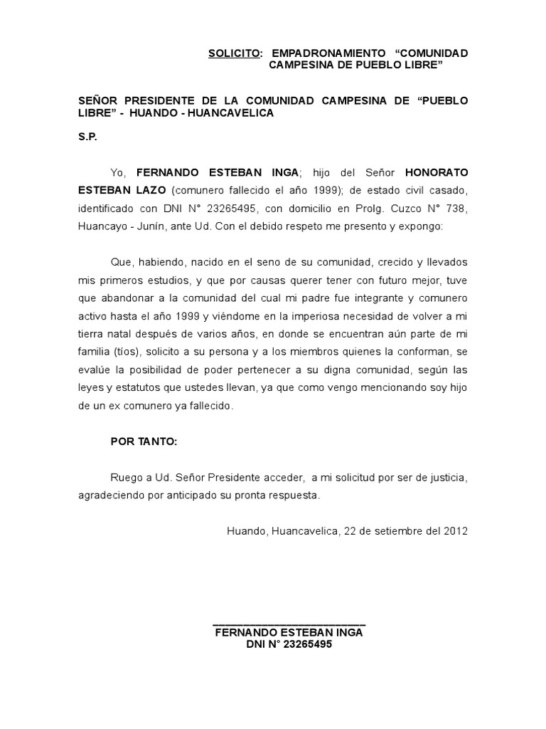 Solicito Empadronamiento Comunidad Campesina Pdf Gobierno