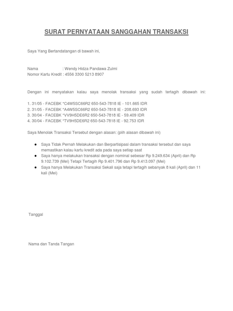 Surat Penyanggahan Transaksi Kartu Kredit Bca