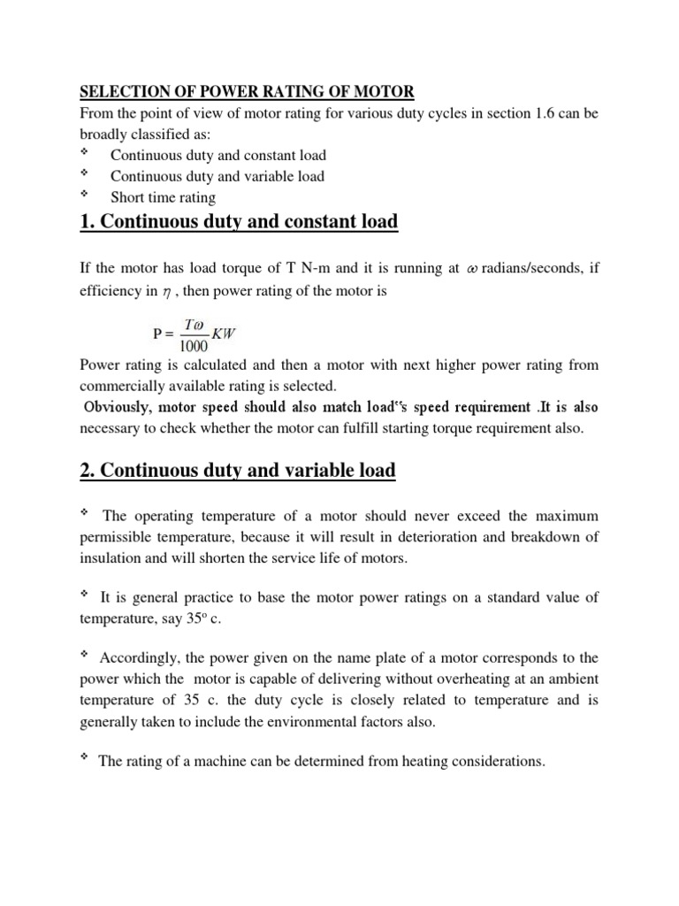 Selection of Power Rating of Motor PDF Torque Temperature