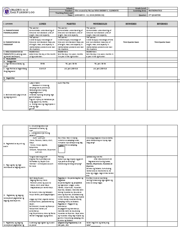 Daily Lesson Log: Grade 1 Mathematics | PDF