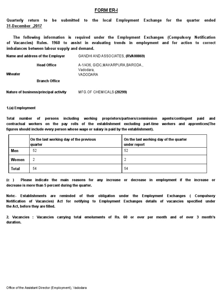 Employment Exchange Return Form ER-I | PDF | Employment | Labor