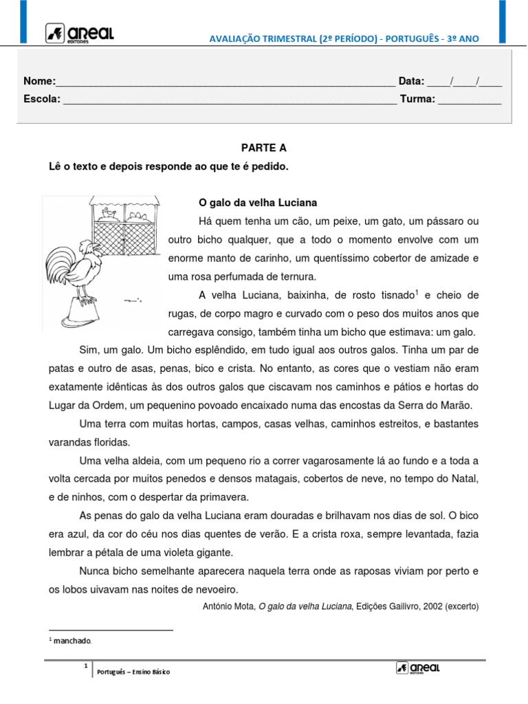 Avaliação Trimestral de Português 3º Ano | PDF