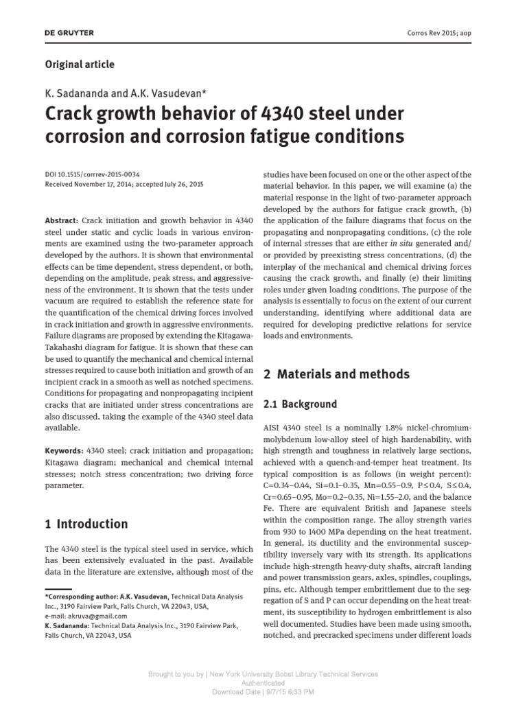 Crack Growth in 4340 Steel Under Corrosion | PDF | Fatigue (Material ...