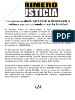 Primero Justicia Agradece a Venezuela y Reitera Su Compromiso Con La Unidad