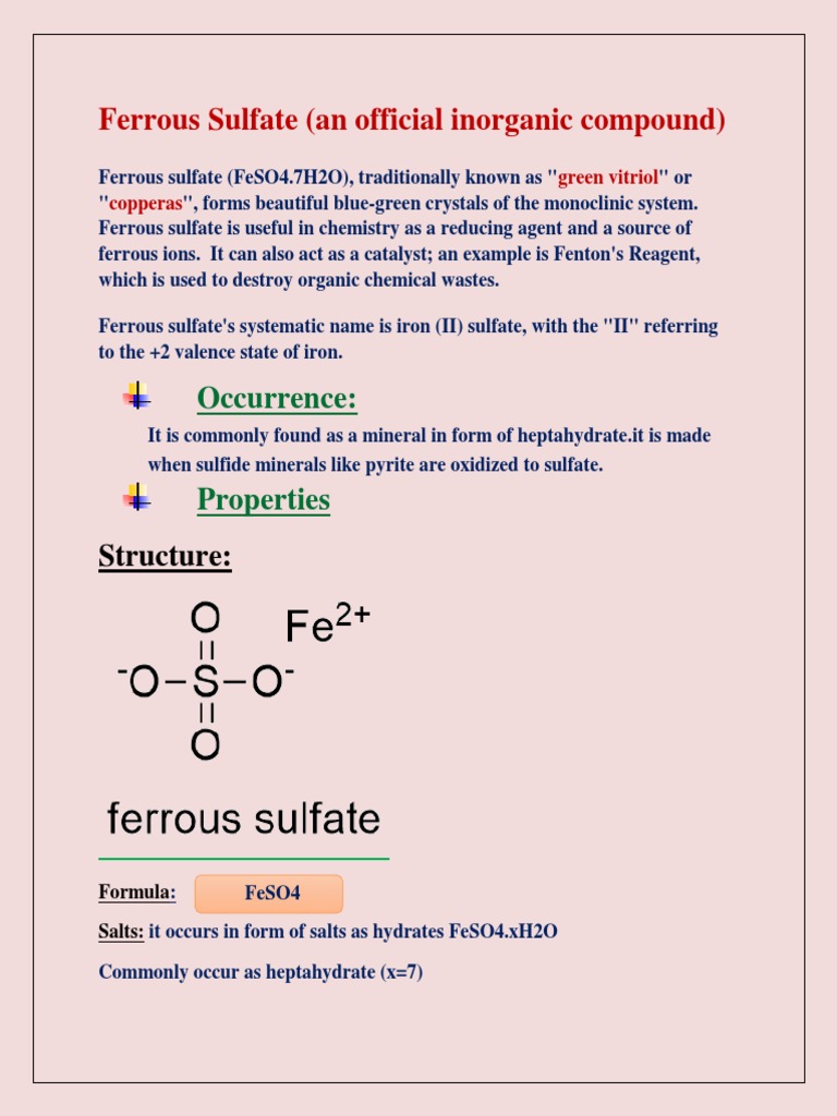 Ferrous Sulfate (An Official Inorganic Compound) : Occurrence | PDF ...