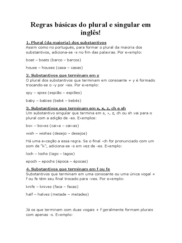 Regras Básicas Do Plural e Singular em Inglês | PDF | Plural | Substantivo