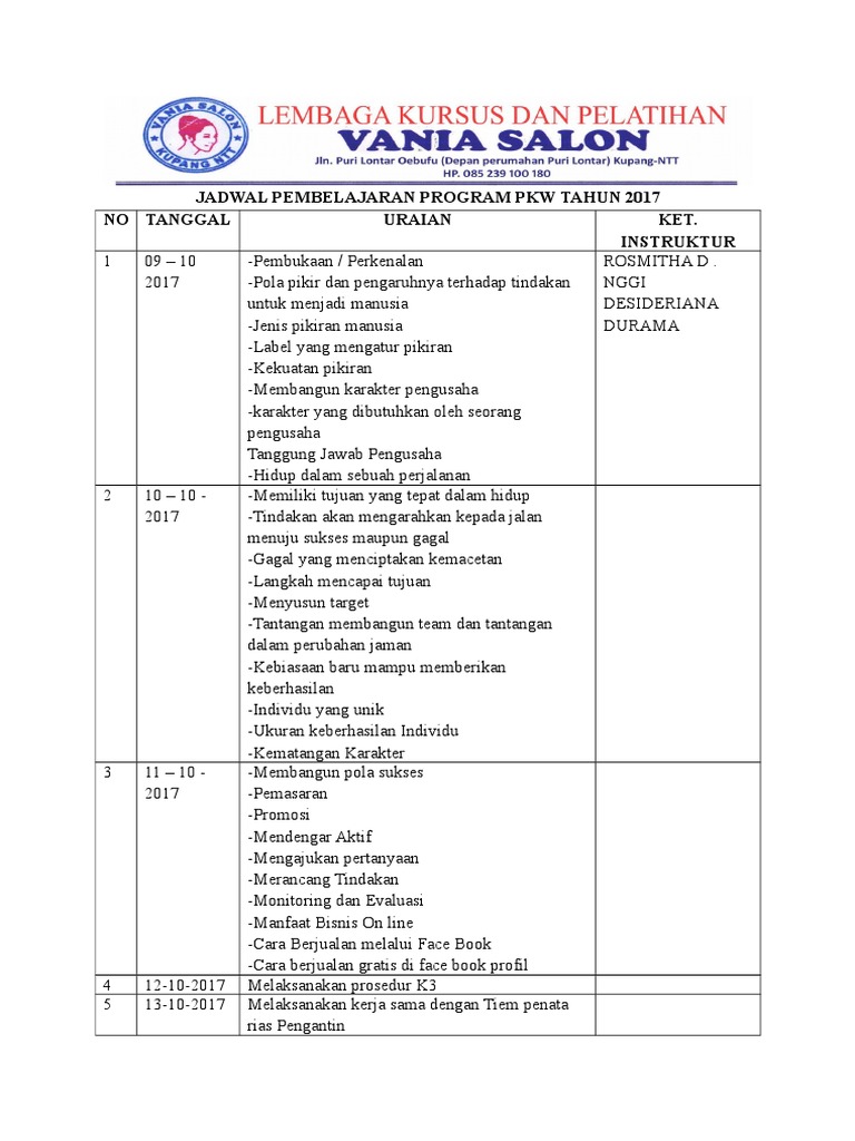 Jadwal Pembelajaran Program Pkw Tahun 2017