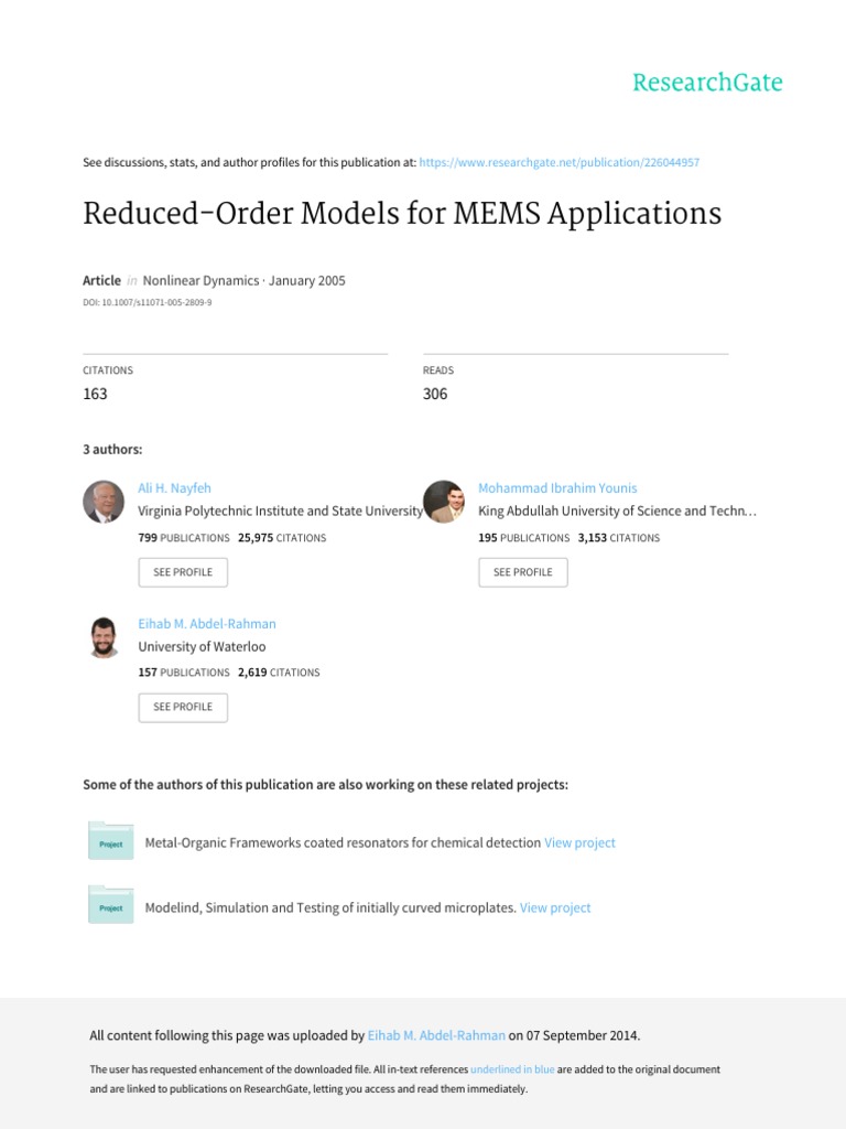 Reduced-Order Models for MEMS Dynamics | PDF | Partial Differential ...