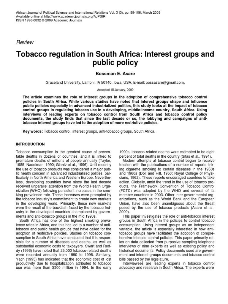 Tobacco Regulation in South Africa Tobacco Smoking Cigarette