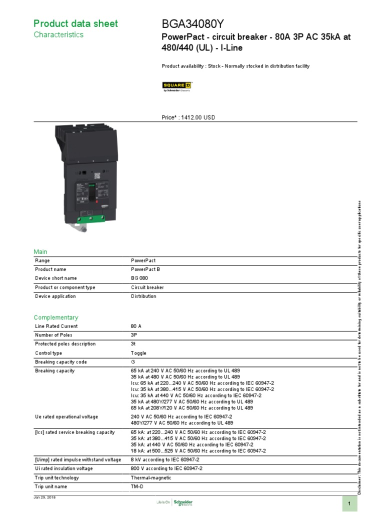 PowerPact BFrame Molded Case Circuit Breakers BGA34080Y PDF Components Electrical Equipment