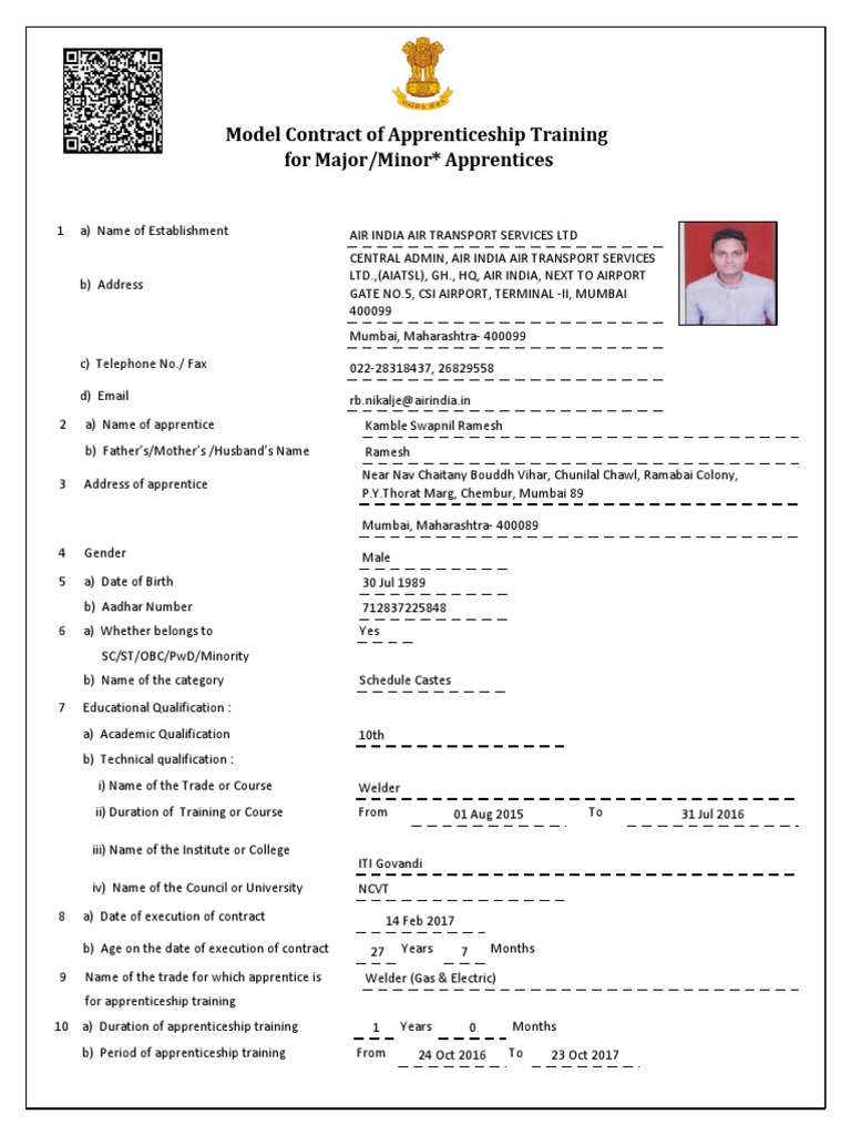 Model Contract of Apprenticeship Training For Major/Minor Apprentices ...