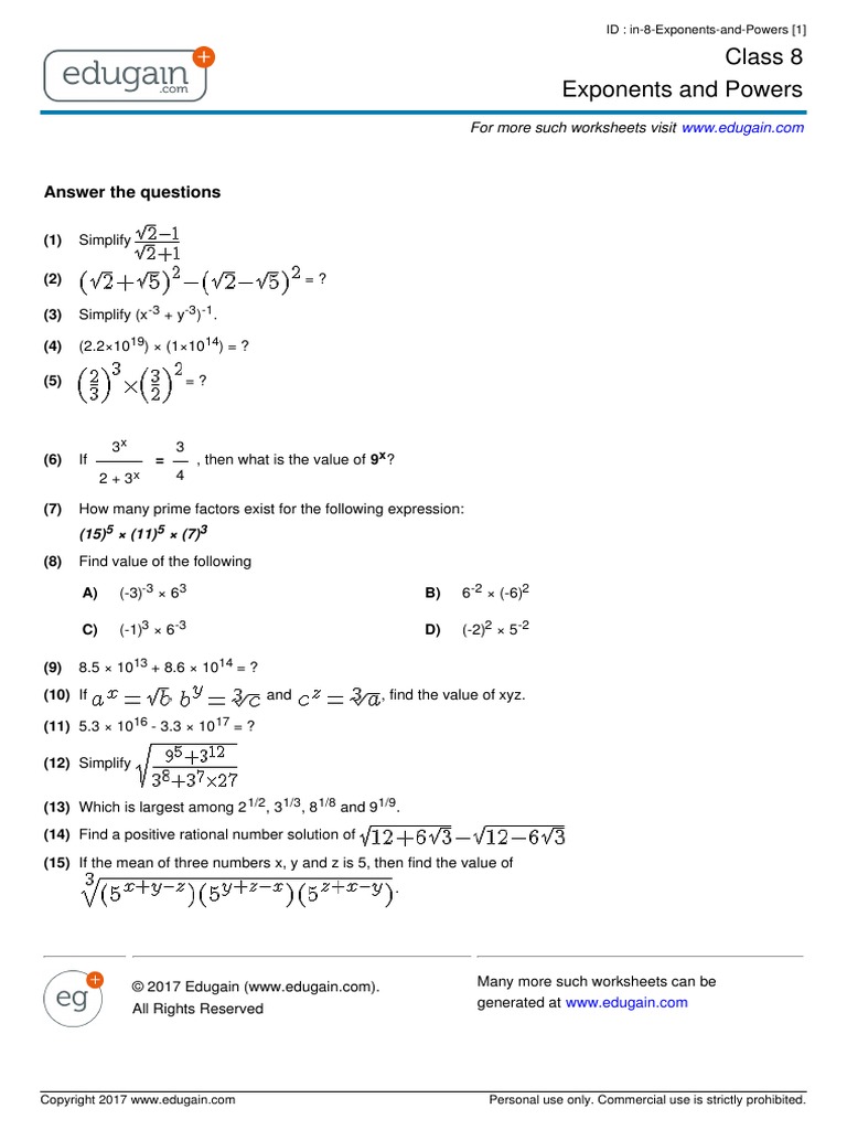Grade 8 Exponents and Powers | PDF | Exponentiation | Integer