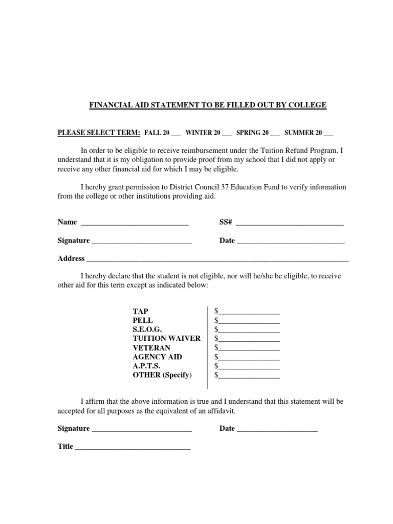 College Financial Aid Statement Form | PDF | Career & Growth | Finance ...