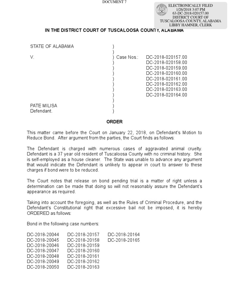 Tuscaloosa Court Order on Animal Cruelty Bond | PDF | Bail | Public Sphere