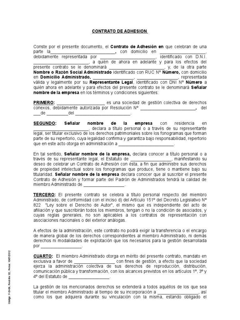 Modelo Contrato de Adhesión | Regulación | Instituciones sociales
