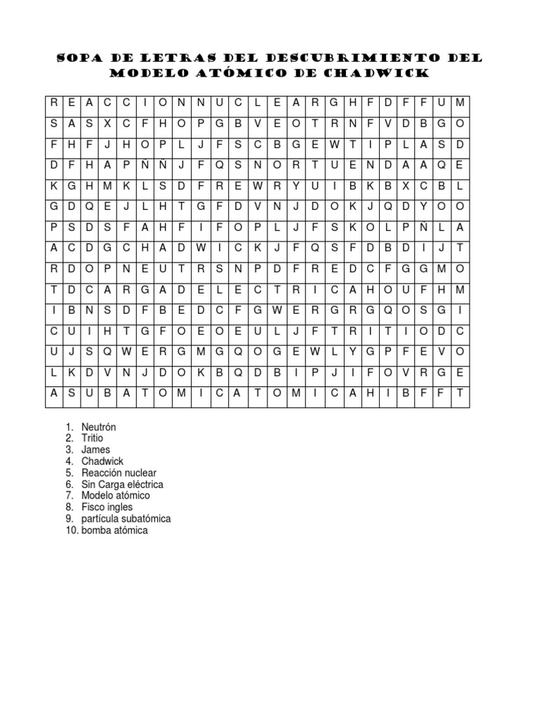 Sopa de Letras Del Descubrimiento Del Modelo Atómico de Chadwick PDF