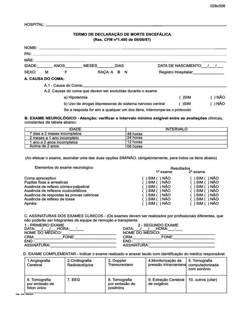 Termo de Declaração de Morte Encefálica | PDF | Teoria da Medicina ...