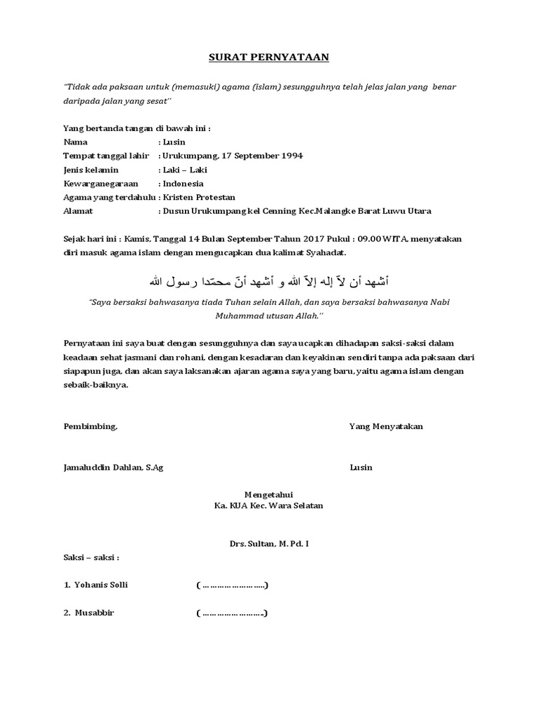 Contoh Surat Pernyataan Masuk Islam Dari Agama Kristen
