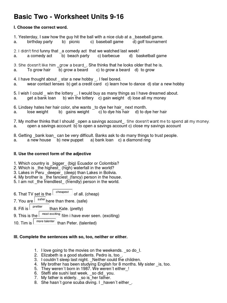 Basic Two Worksheet: Units 9-16 | PDF | Leisure