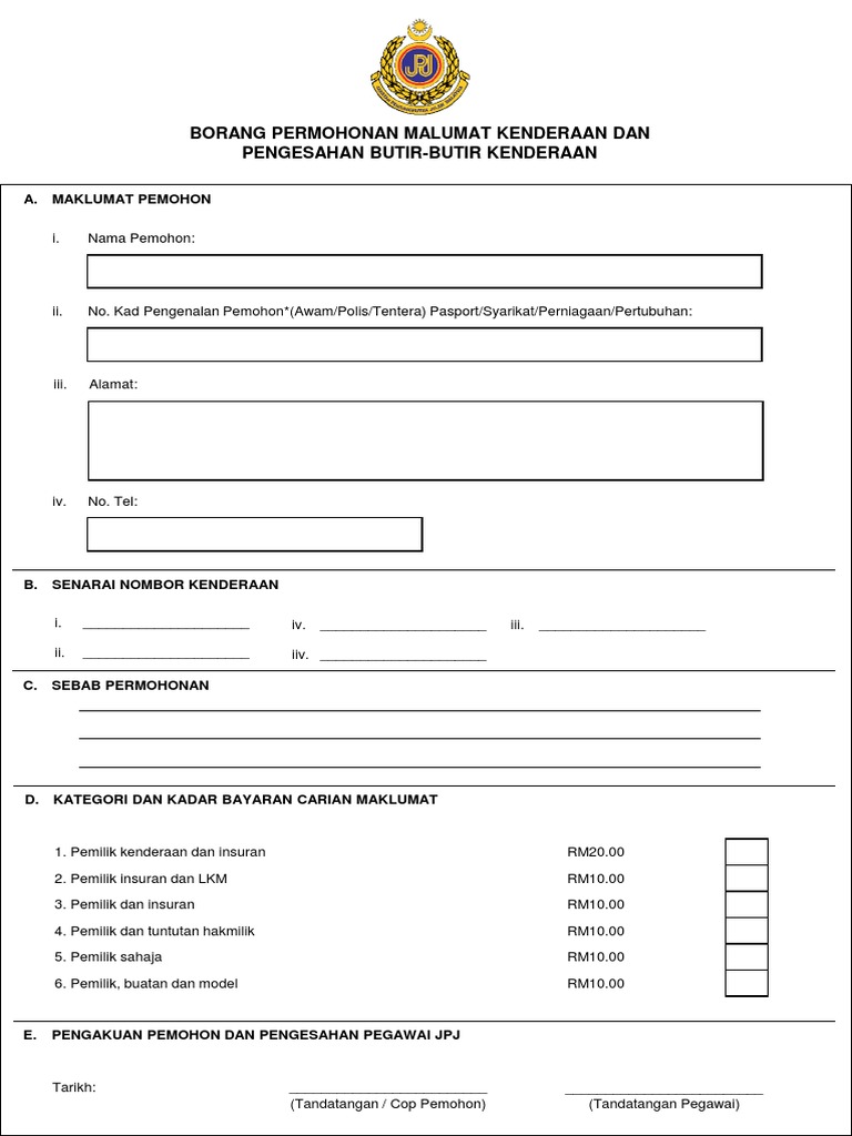 Borang Permohonan Maklumat Kenderaan Dan Pengesahan ButirButir Kenderaan