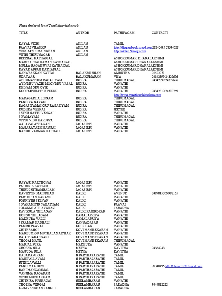 List of Tamil Historical Novels PDF Tamils Indian Literature