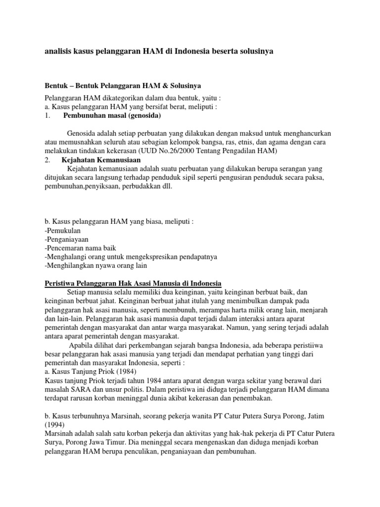 Analisis Kasus Pelanggaran Ham Di Indonesia Beserta Solusinya