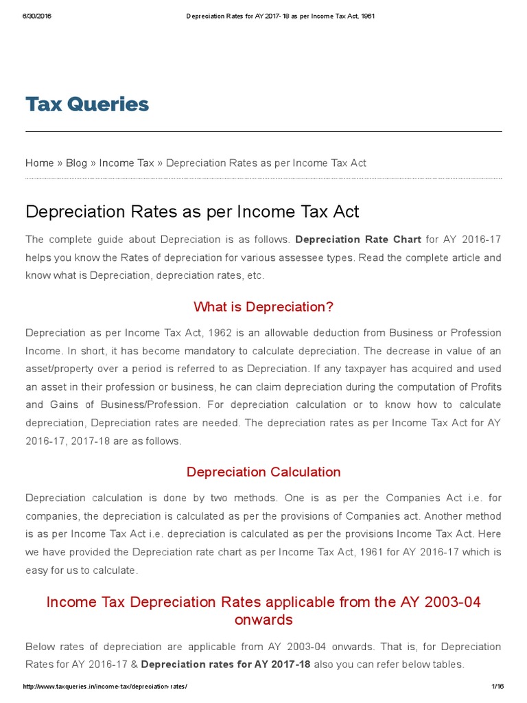 Depreciation Rates For AY 201718 As Per Tax Act, 1961 PDF