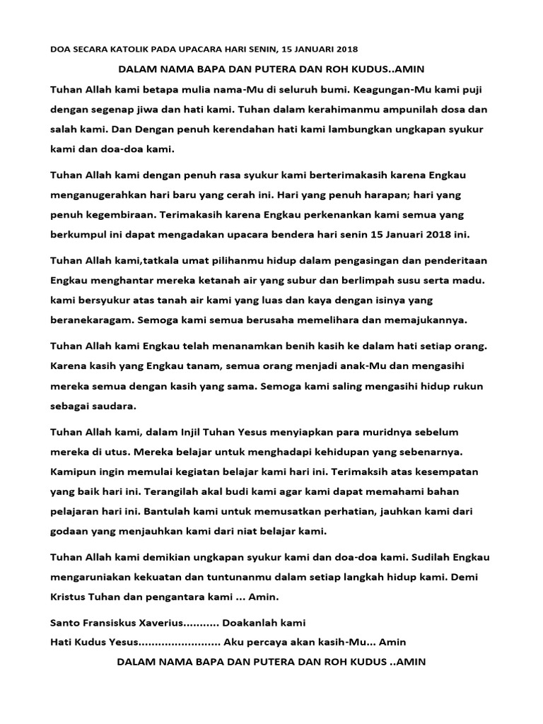 Doa Secara Katolik Pada Upacara Hari Senin