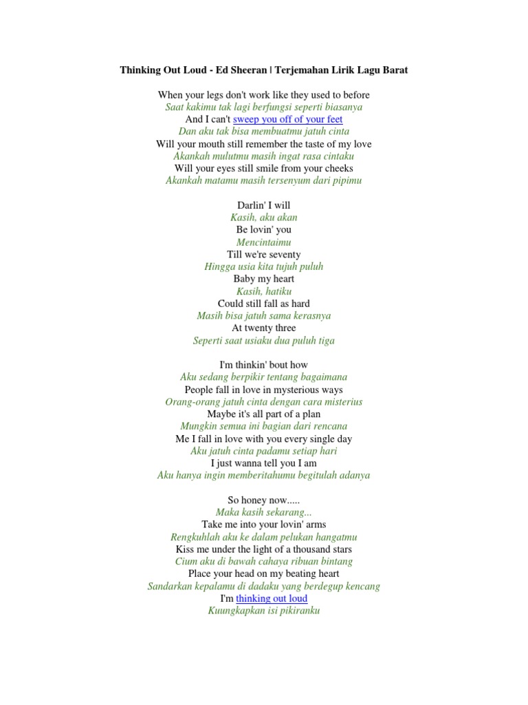 Thinking Out Loud Ed Sheeran Terjemahan Lirik Lagu Barat