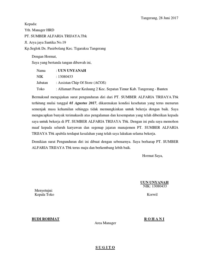 Contoh Surat Pengunduran Diri Untuk Alfamart Kumpulan