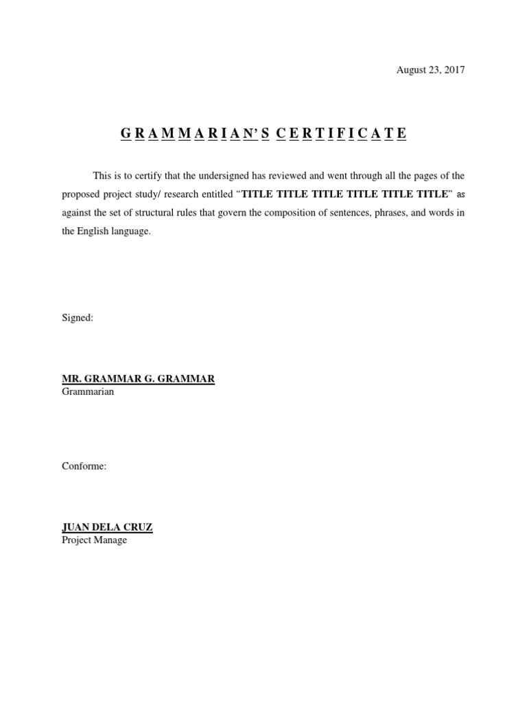 Grammarian'S Certificate: Mr. Grammar G. Grammar | PDF | Foreign ...