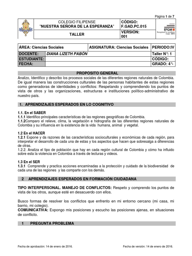 Taller de Ciencias Sociales Grado 4° | PDF | Colombia | Biodiversidad
