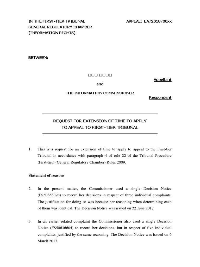 In The FirstTier Tribunal General Regulatory Chamber (Information Rights) APPEAL EA/2018/00xx