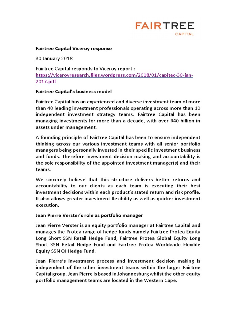 Fairtree Capital Viceroy Response PDF Hedge Fund Investment Management
